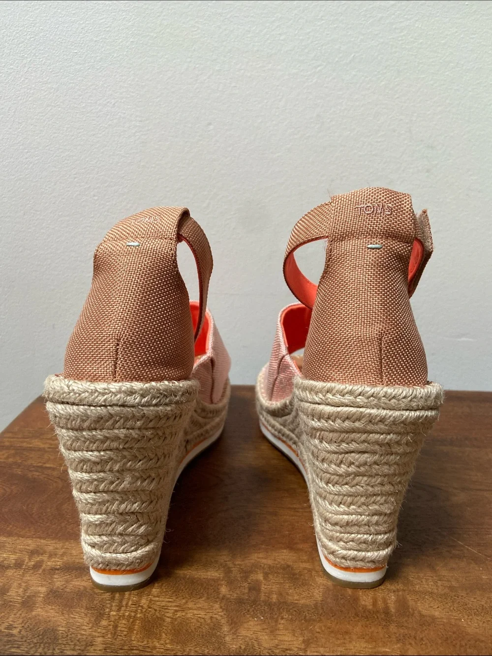 TOMS Pink Canvas Espadrille Wedge Sandals with Tan Ankle Strap